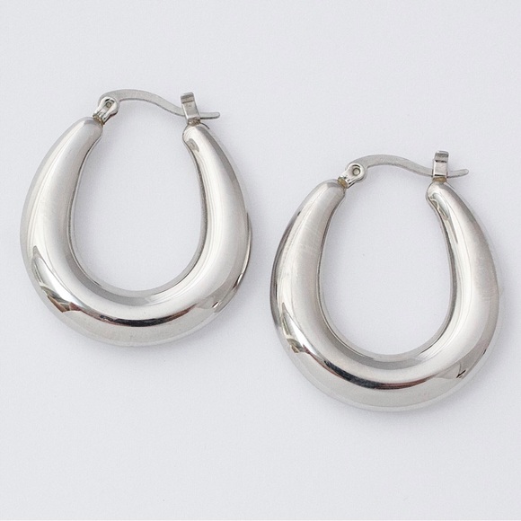 Modernist Stainless Steel Hoop Earrings Large Chunky Silver Tone Hoops - Picture 1 of 5